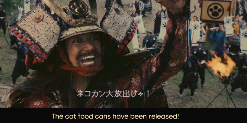 A samurai dramatically announcing the release of cat food cans