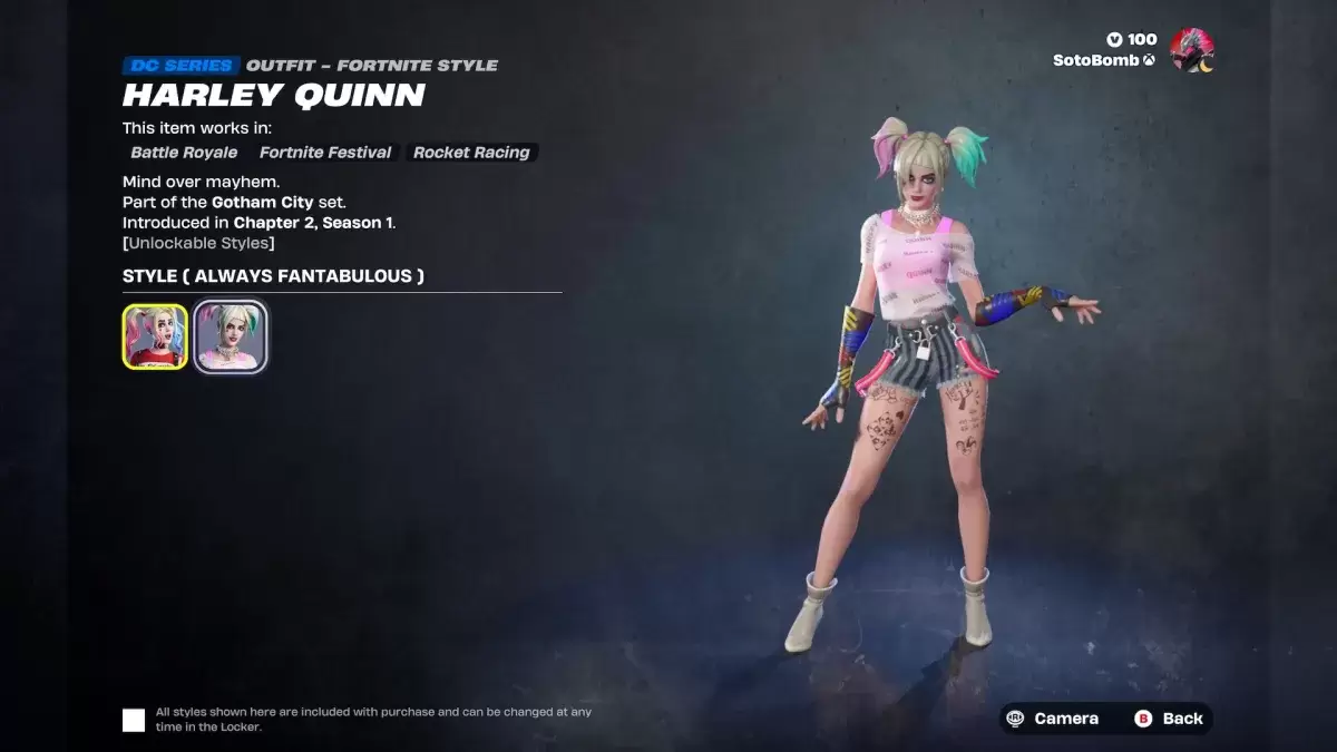 Kulit Harley Quinn di Fortnite sebagai sebahagian daripada artikel mengenai pencarian.