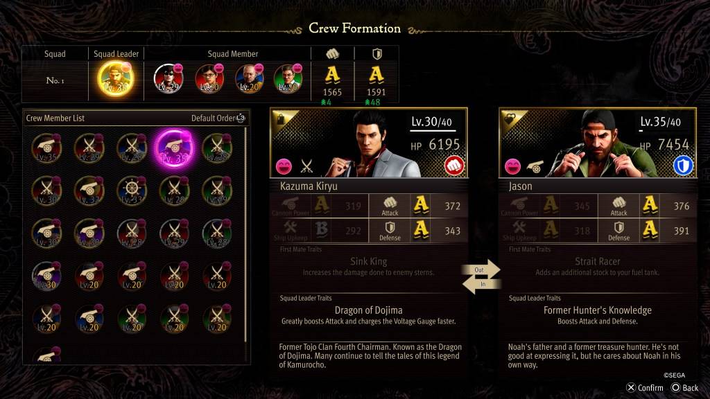 A tela de estatísticas de formação da tripulação para Jason em como um dragão: pirata yakuza no Havaí