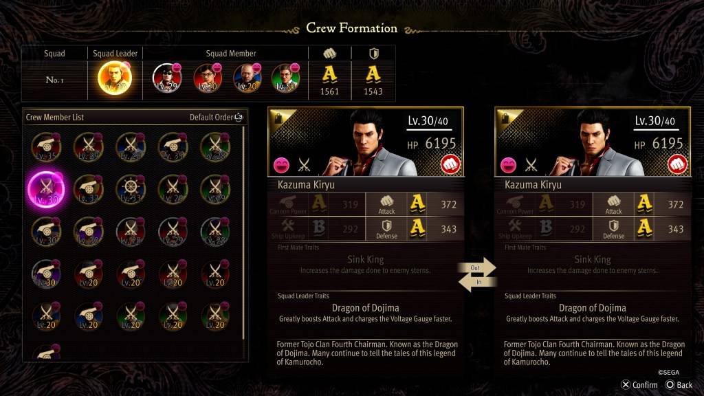 A tela de estatísticas de formação da tripulação para Kazuma Kiryu como um dragão: pirata yakuza no Havaí