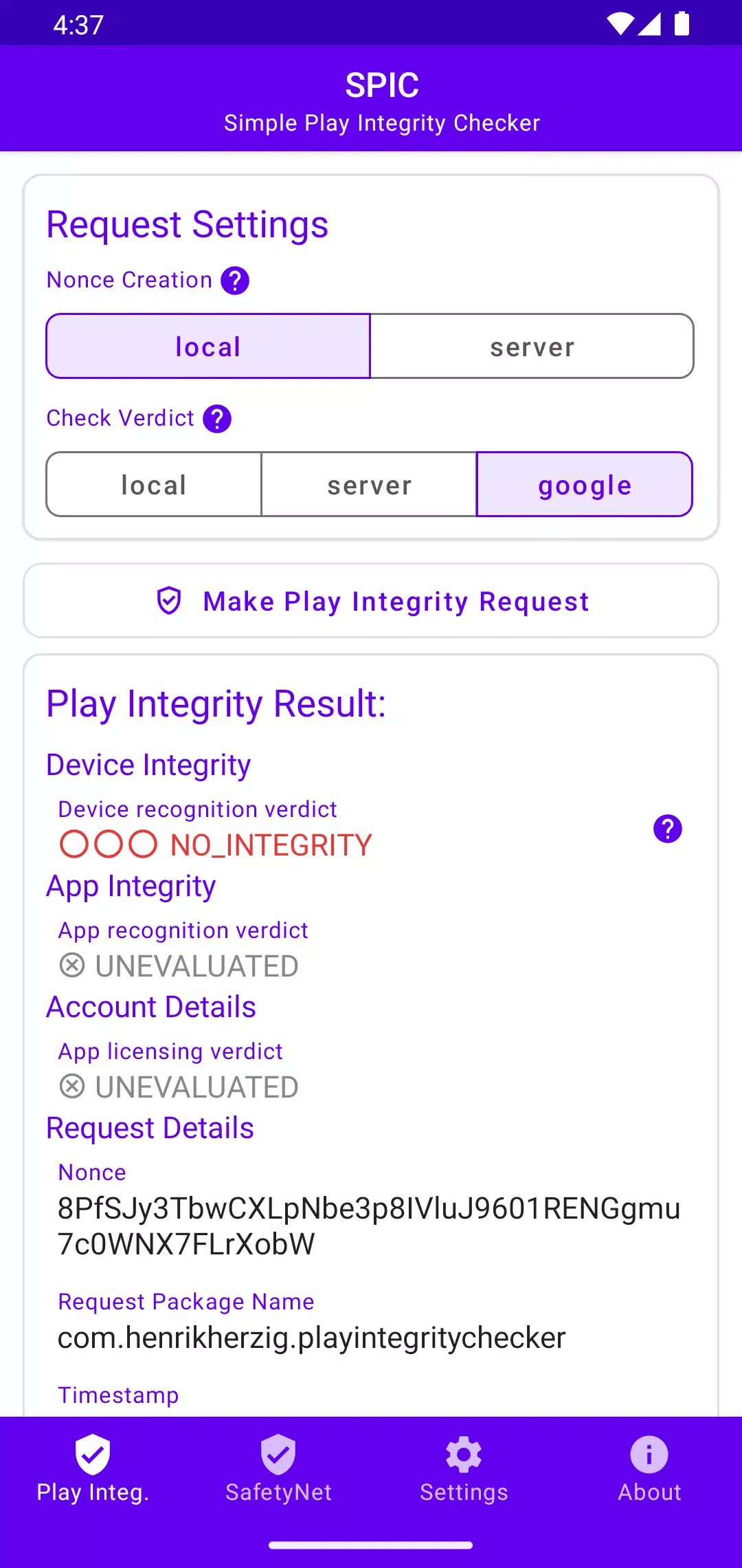 Schermata SPIC - Play Integrity Checker 0