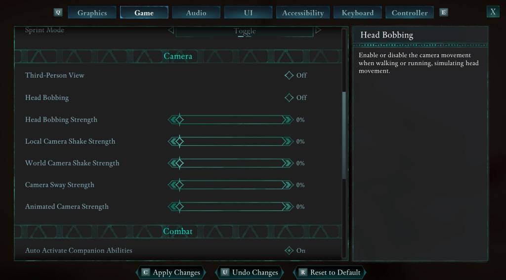 An image showing the settings menu in Avowed as part of a guide on how to reduce motion sickness while playing the game.