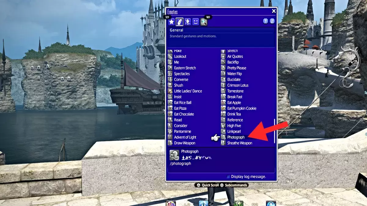 Screenshot che mostra l'emote fotografica in ffxiv