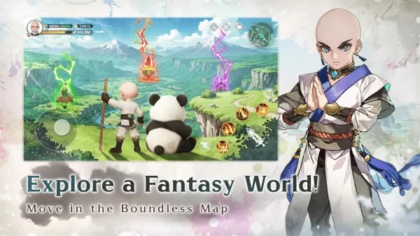 Un niño y un panda espiritual contemplando un paisaje de fantasía vibrante con elementos de interfaz de juego