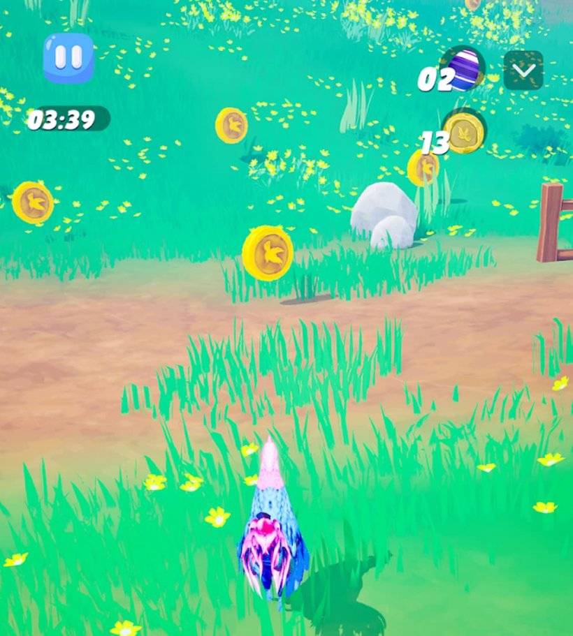 A screenshot of *This Chicken Got Hands*, showcasing a chicken in a field with coins ahead