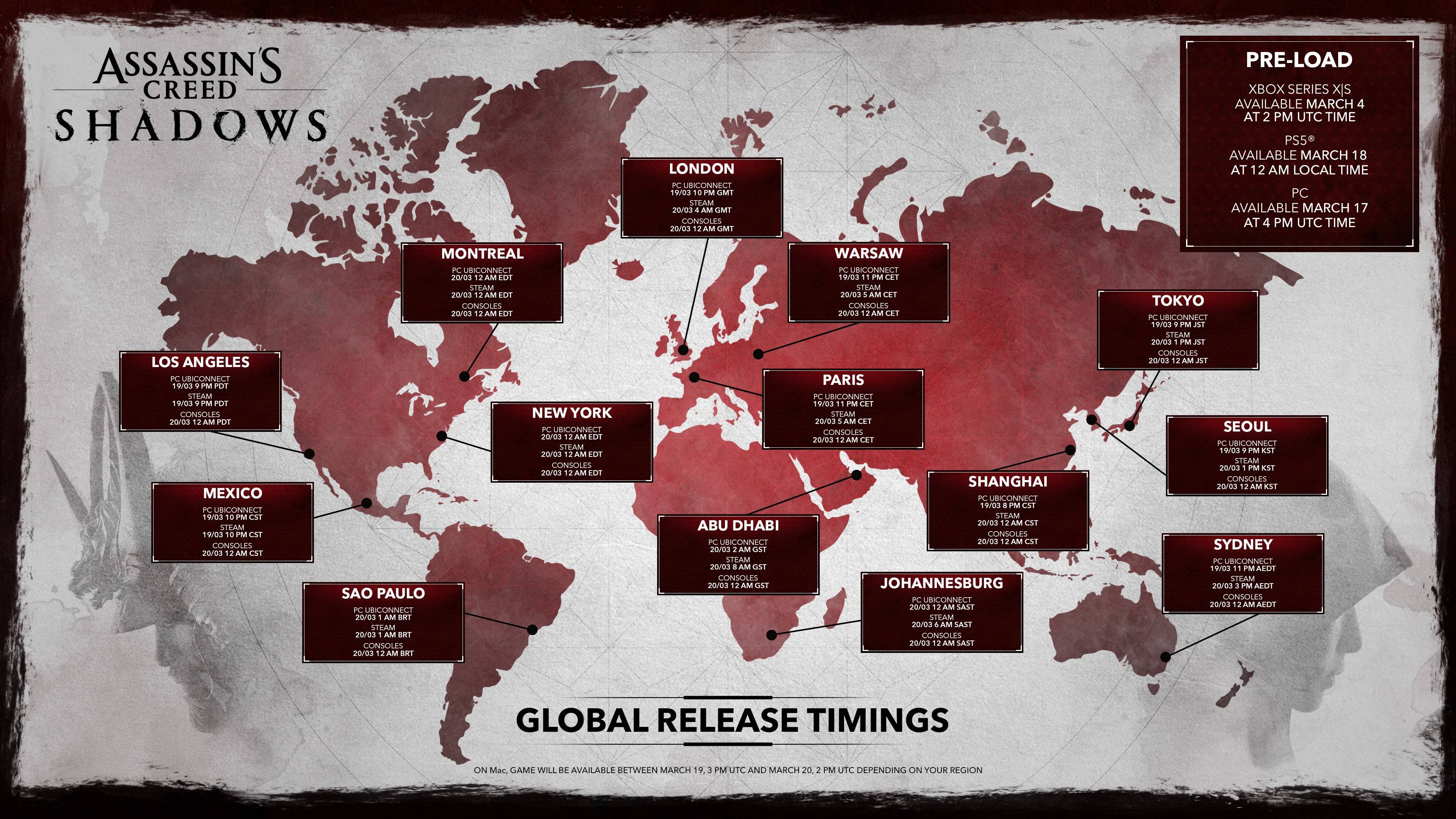 Assassin’s Creed Shadows: Global Release Times Announced