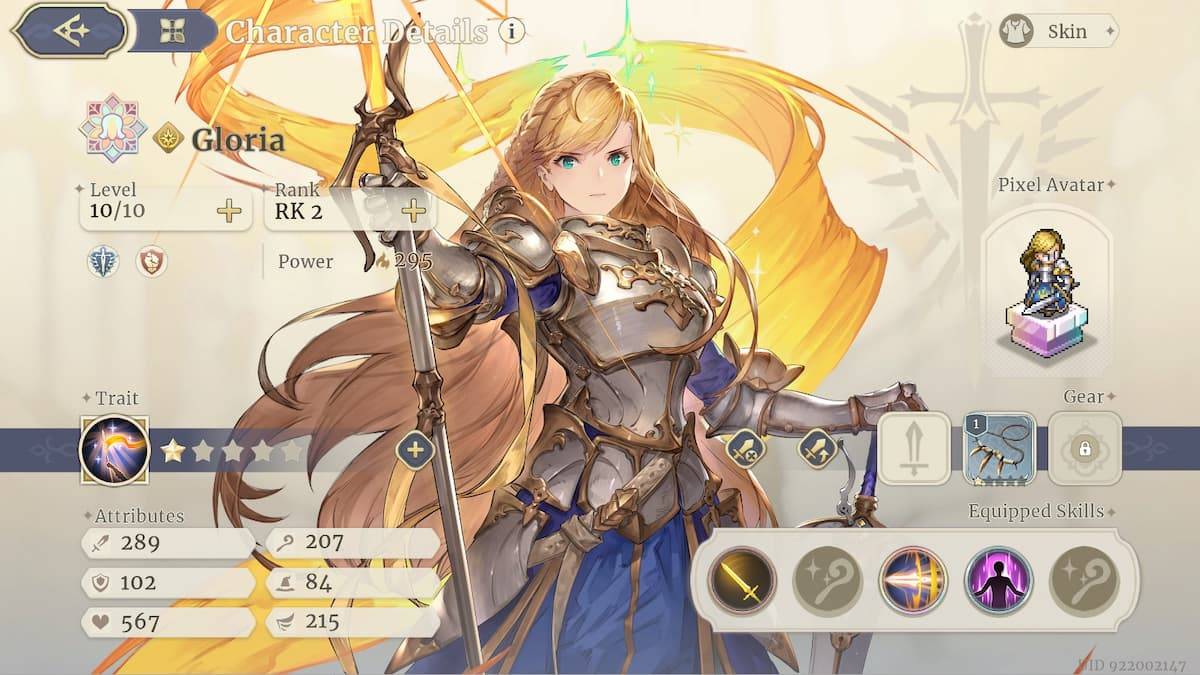 a screenshot of gloria's character screen in sword of convallaria