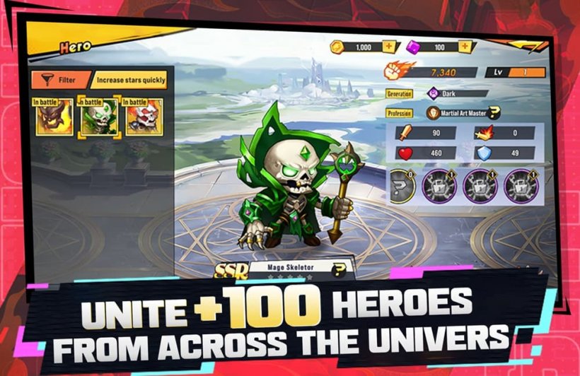 Uno screenshot di Heroes United che mostra un mago scheletrico scelto da un menu per la battaglia