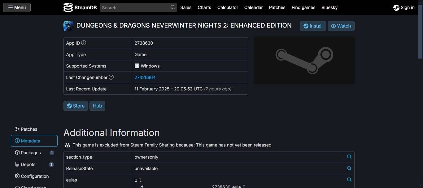 Steam Database Entry for Neverwinter Nights 2 Enhanced Edition