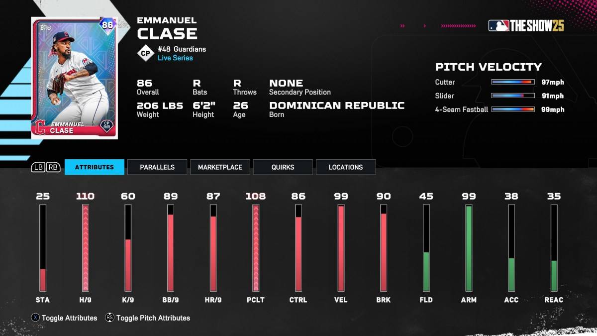 Emmanuel Clase come parte di un articolo sulle migliori carte Diamond Dynasty in MLB The Show 25.