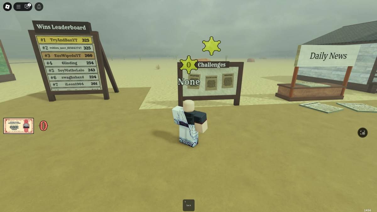 A player showing the location of the challenges board in the main lobby of Dead Rails