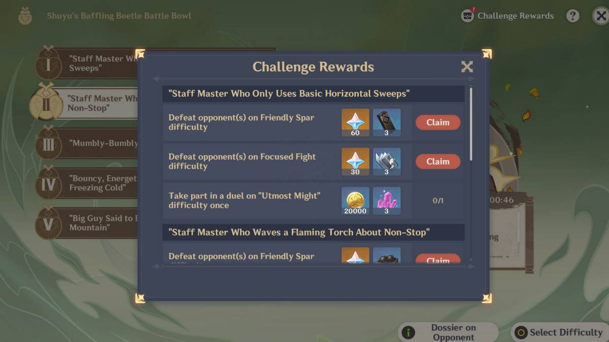 A screenshot from Genshin Impact het gedeelte Challenge Rewards tonen van het Shuyu's Baffling Beetle Battle Bowl -evenement. 