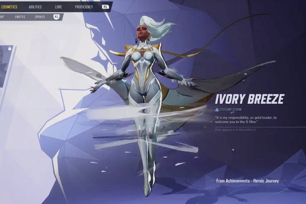 Storm in her Ivory Breeze skin on the selection menu