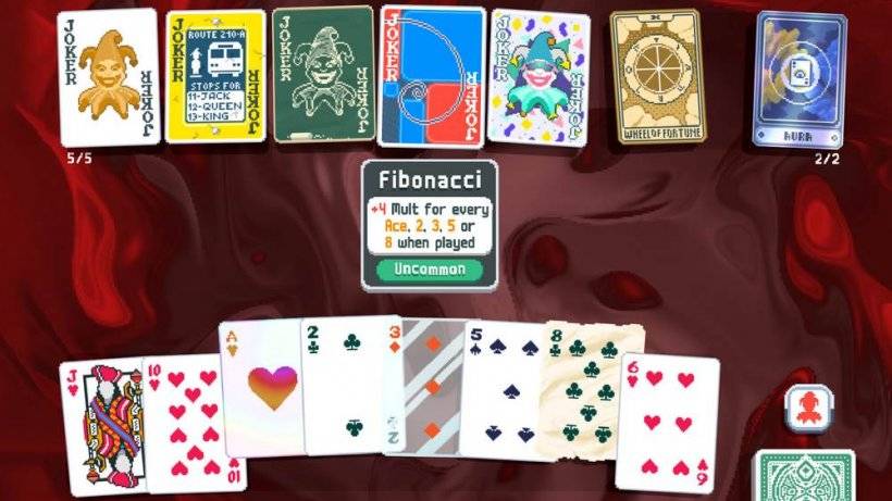 A promotional visual of Balatro gameplay with a solitaire-like format where cards are laid down